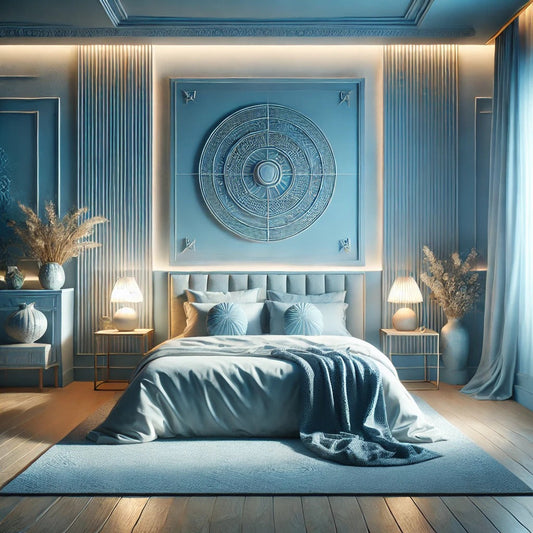  Vastu-inspired bedroom with a centrally placed bed, soft lighting, and calming blue decor.